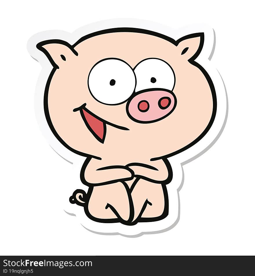 sticker of a cheerful sitting pig cartoon