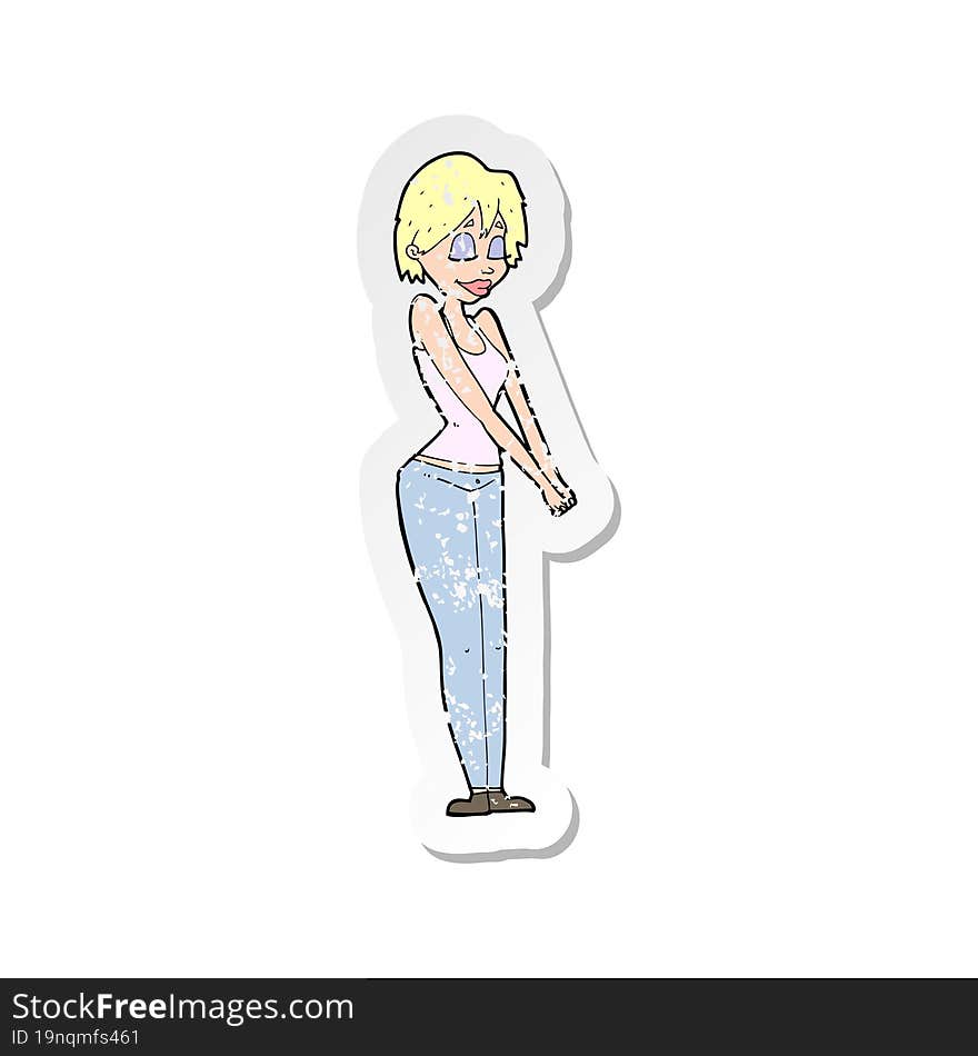 retro distressed sticker of a cartoon content woman