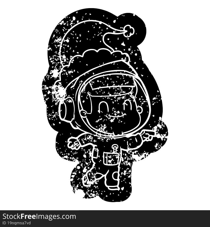 happy cartoon distressed icon of a astronaut man wearing santa hat