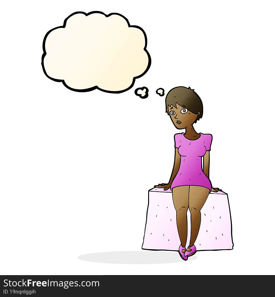 cartoon curious woman sitting with thought bubble