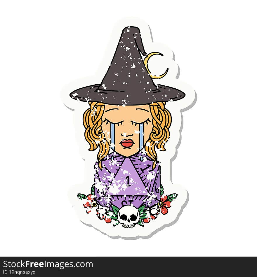 grunge sticker of a crying human witch with natural one D20 dice roll. grunge sticker of a crying human witch with natural one D20 dice roll