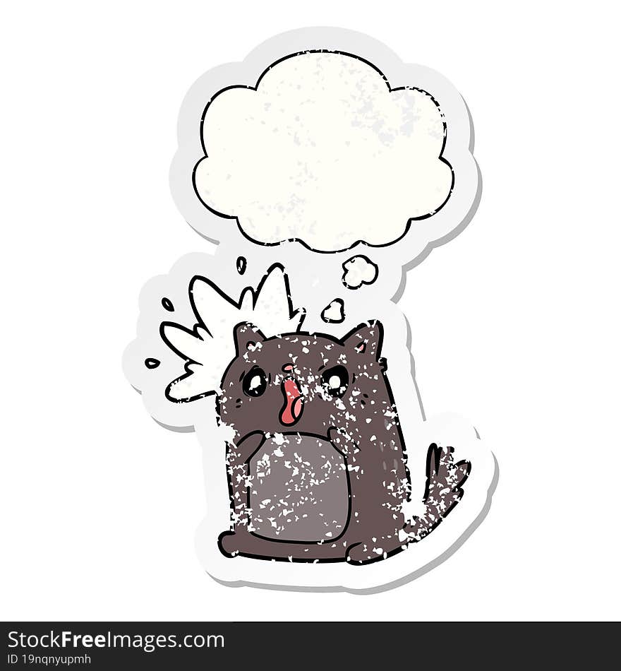 cartoon shocked cat and thought bubble as a distressed worn sticker