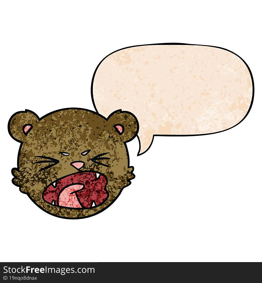 cute cartoon teddy bear face and speech bubble in retro texture style