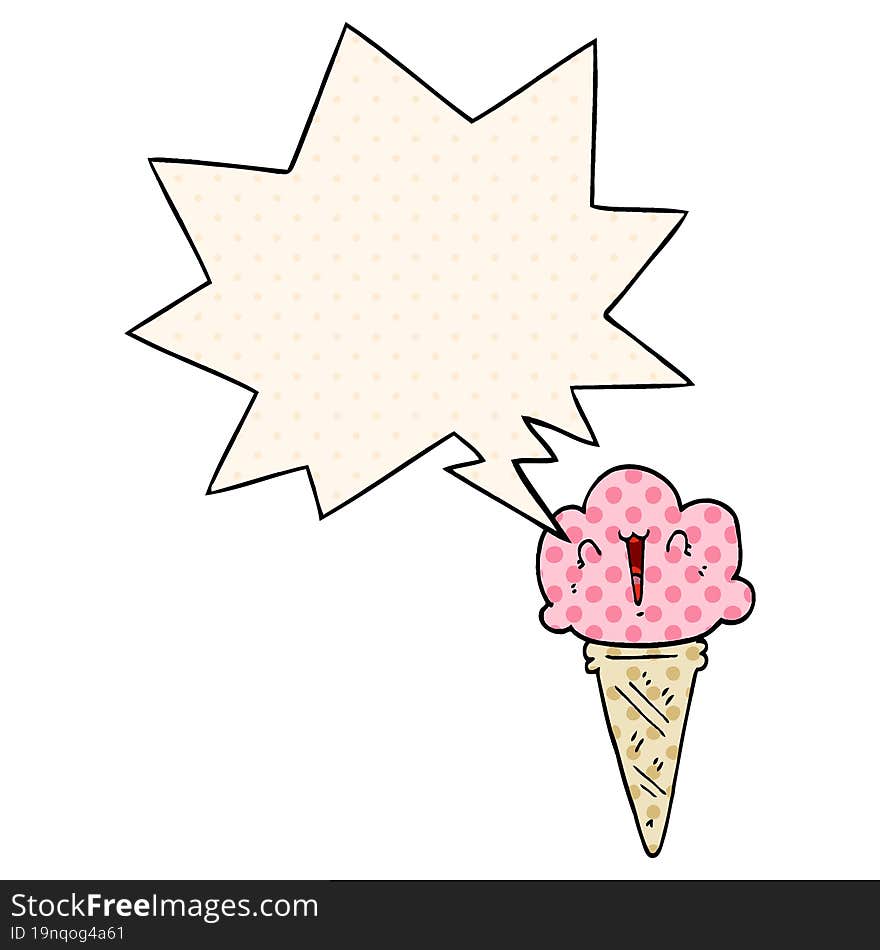 cartoon ice cream and face and speech bubble in comic book style