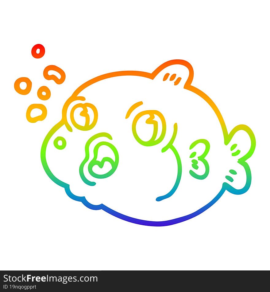 Rainbow Gradient Line Drawing Cartoon Fish Blowing Bubbles