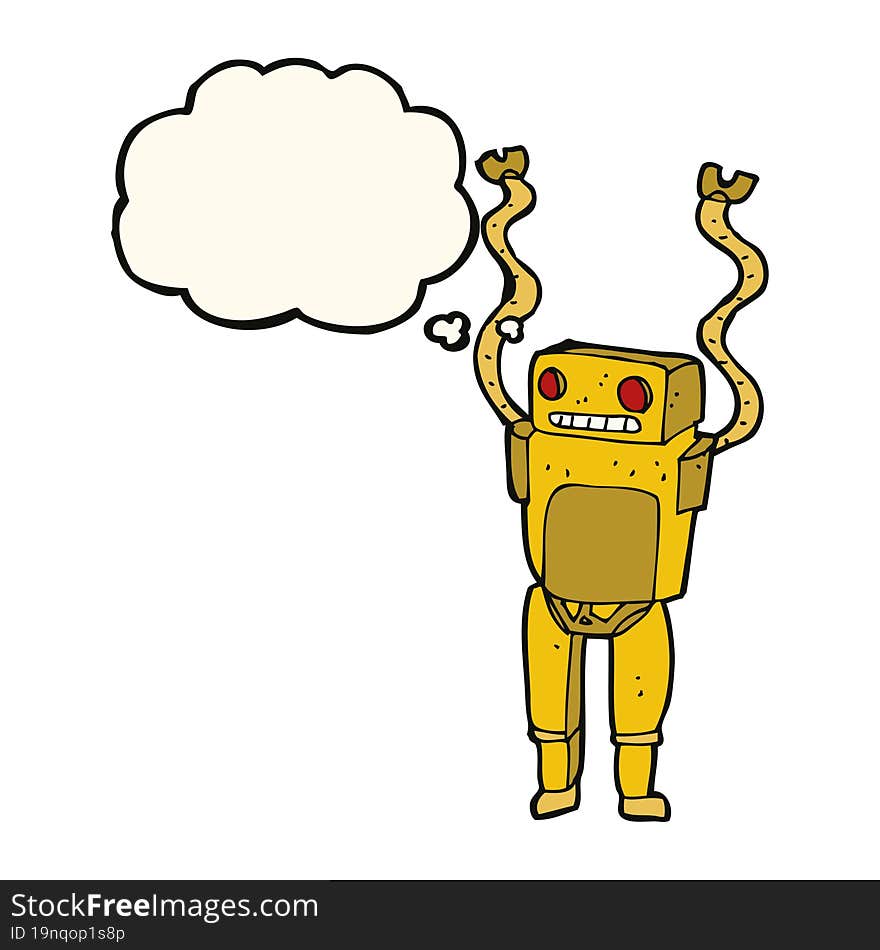 cartoon funny robot with thought bubble