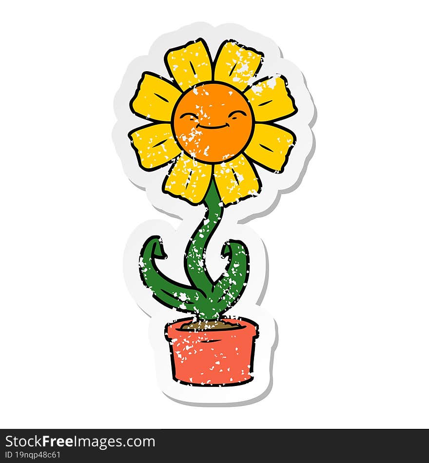 distressed sticker of a happy cartoon flower