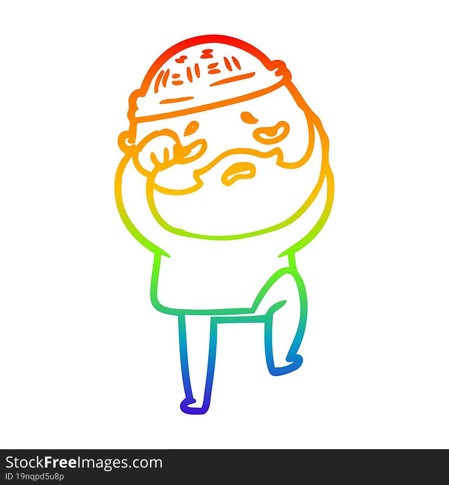 rainbow gradient line drawing cartoon worried man with beard