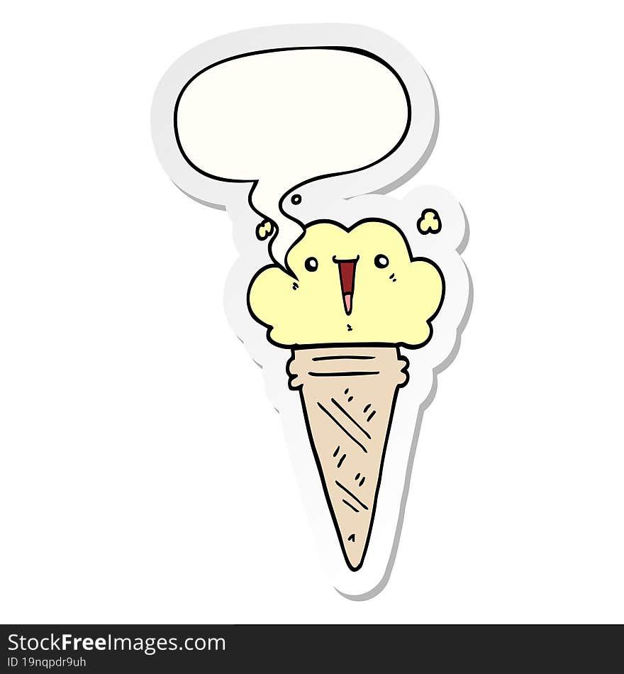 cartoon ice cream with face with speech bubble sticker. cartoon ice cream with face with speech bubble sticker