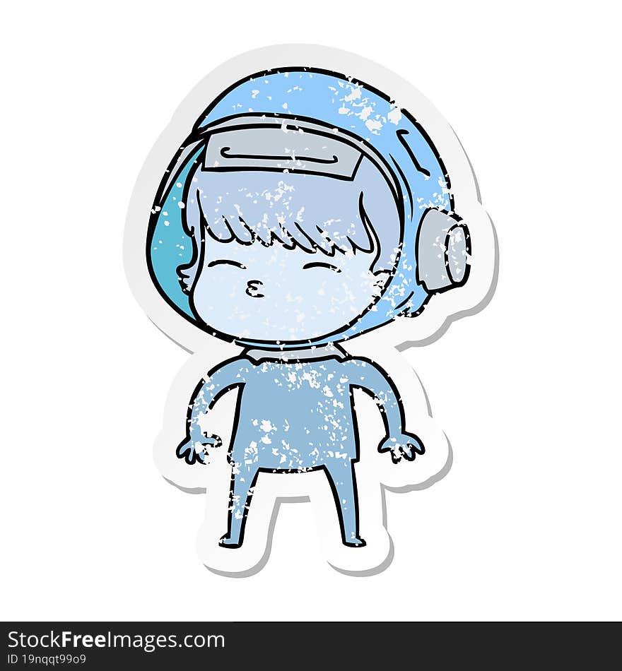 distressed sticker of a cartoon curious astronaut