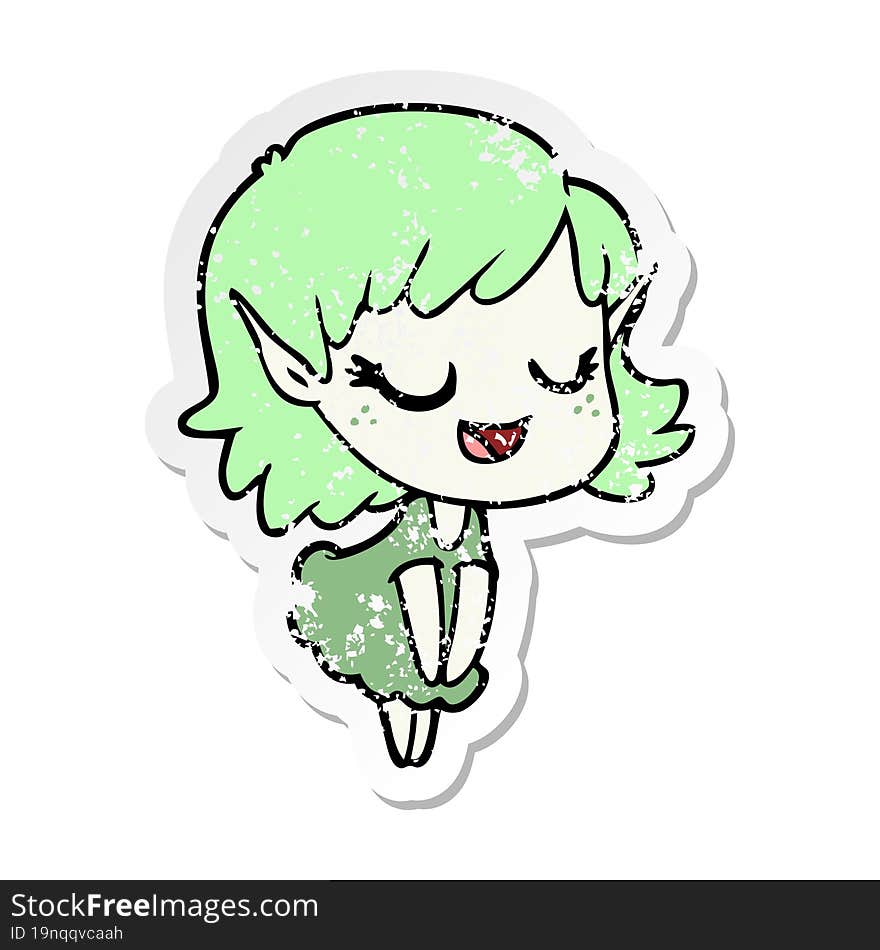 distressed sticker of a happy cartoon elf girl