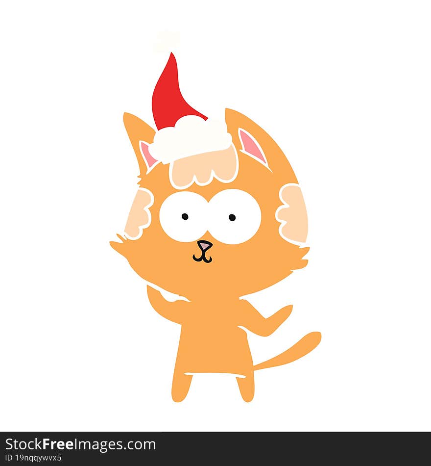 happy flat color illustration of a cat wearing santa hat