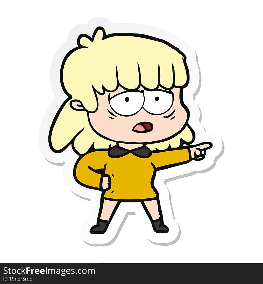 sticker of a cartoon tired woman pointing