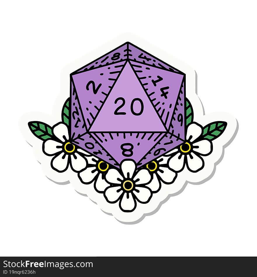 Natural 20 D20 Dice Roll With Floral Elements Sticker