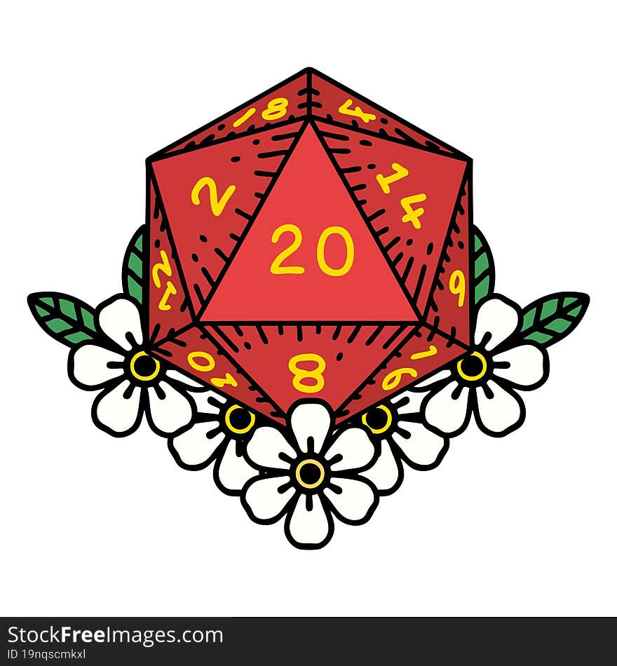 Natural 20 D20 Dice Roll With Floral Elements Illustration