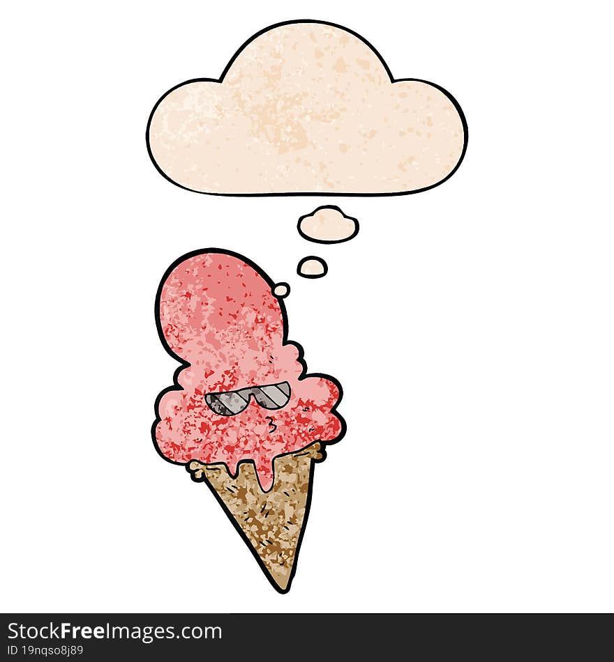 cartoon cool ice cream and thought bubble in grunge texture pattern style