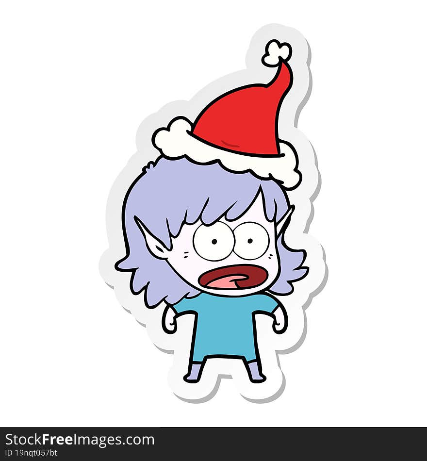 sticker cartoon of a shocked elf girl wearing santa hat