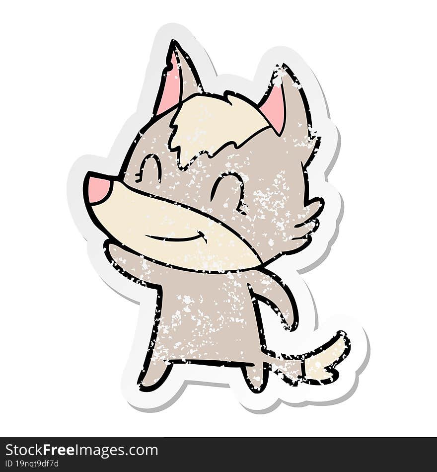 distressed sticker of a friendly cartoon wolf