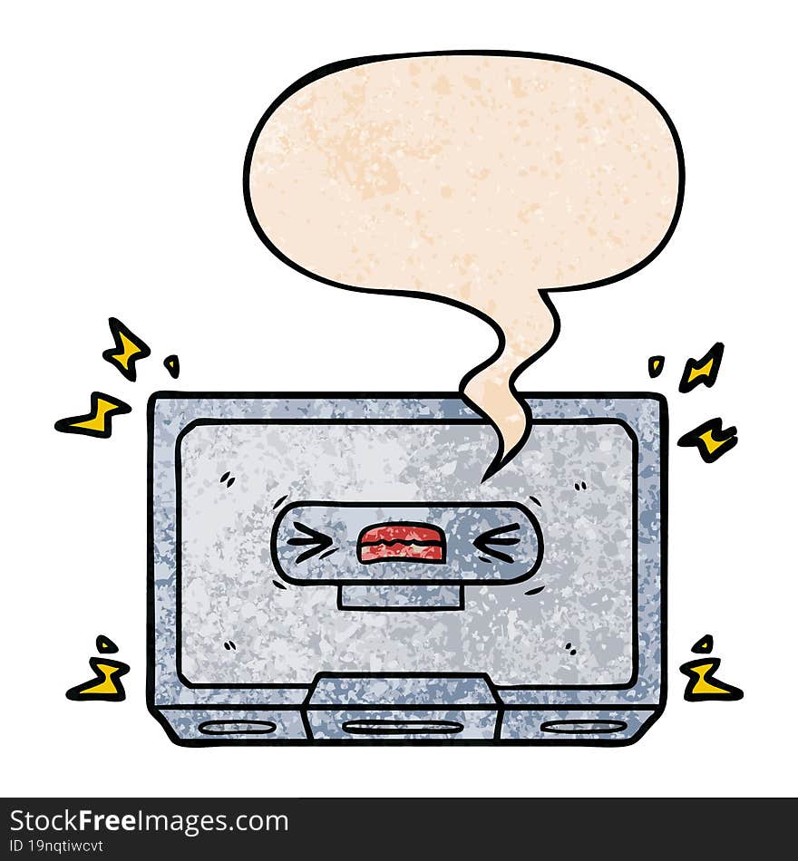 cartoon angry old cassette tape with speech bubble in retro texture style