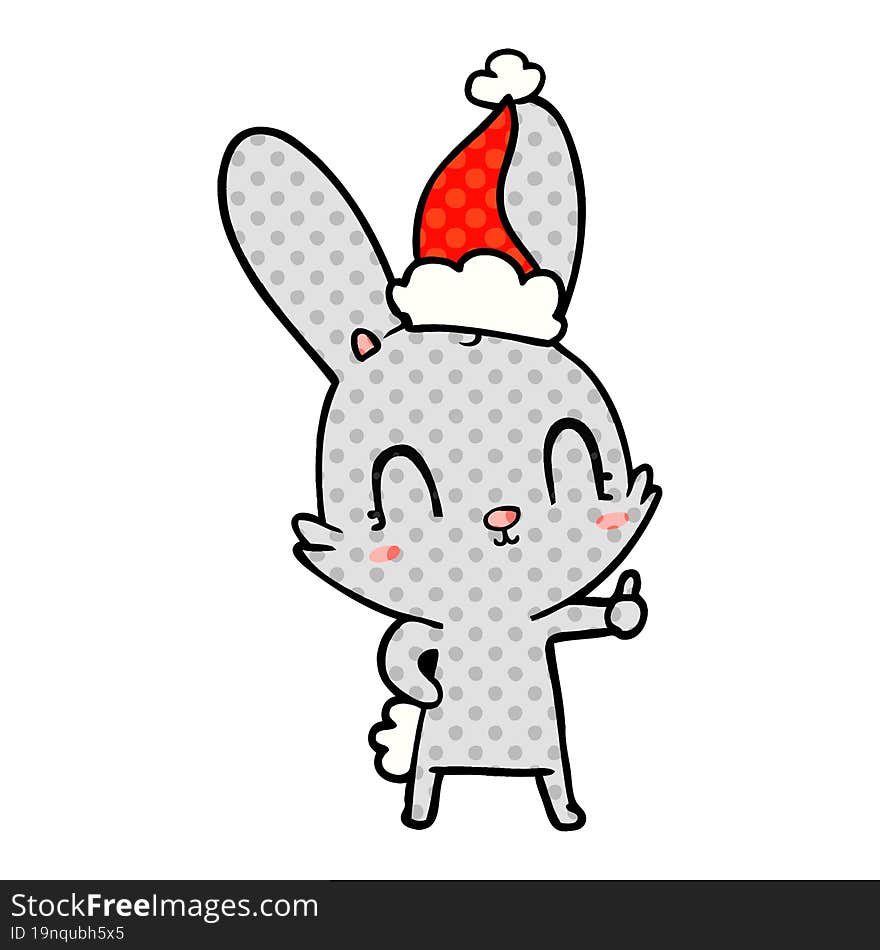 cute hand drawn comic book style illustration of a rabbit wearing santa hat