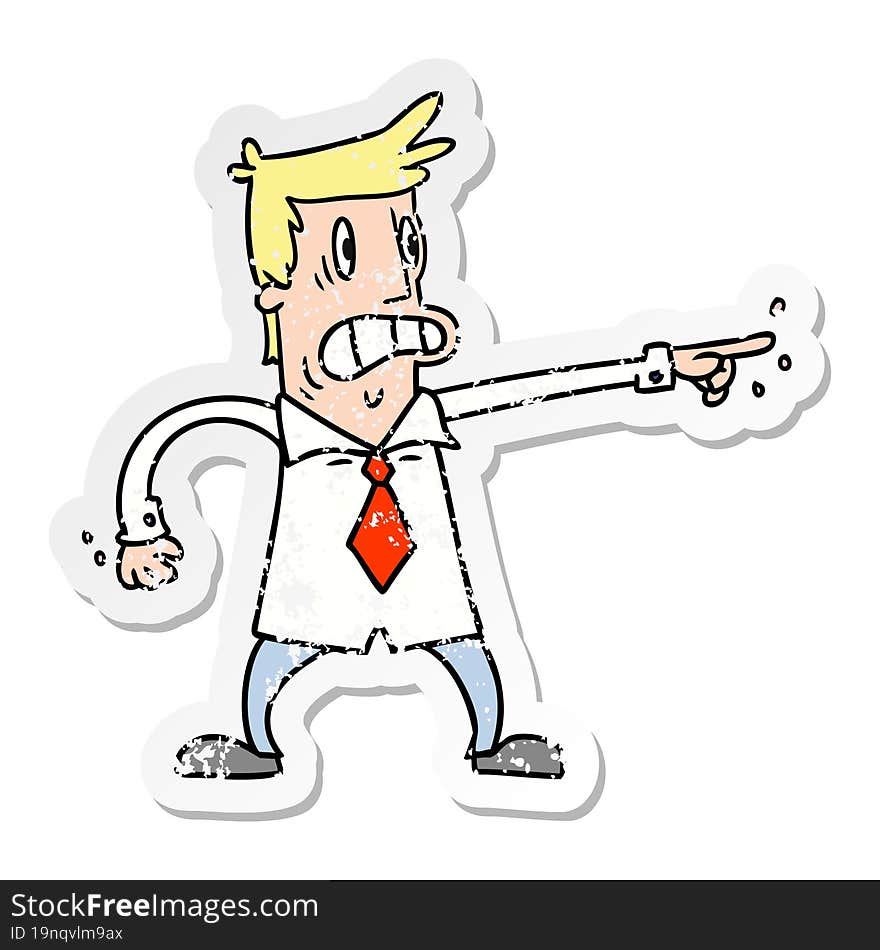 distressed sticker cartoon doodle man pointing looking worried