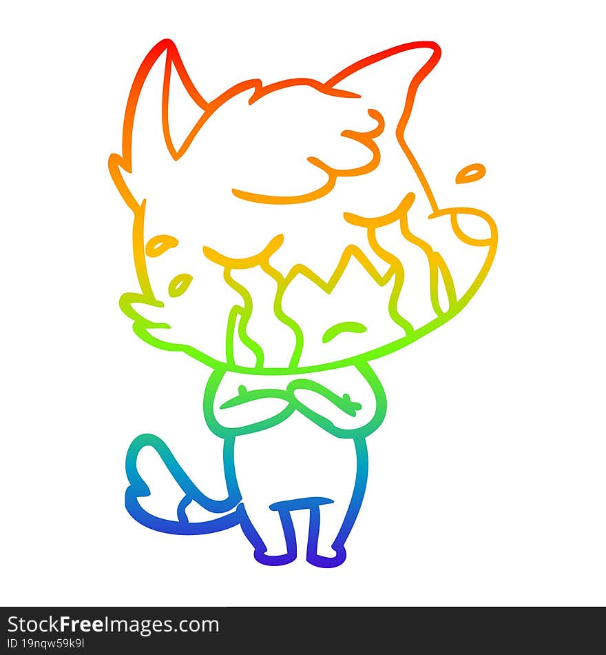 rainbow gradient line drawing of a crying fox cartoon