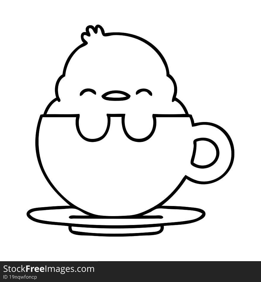 line doodle of a cute baby bird sitting in a tea cup. line doodle of a cute baby bird sitting in a tea cup