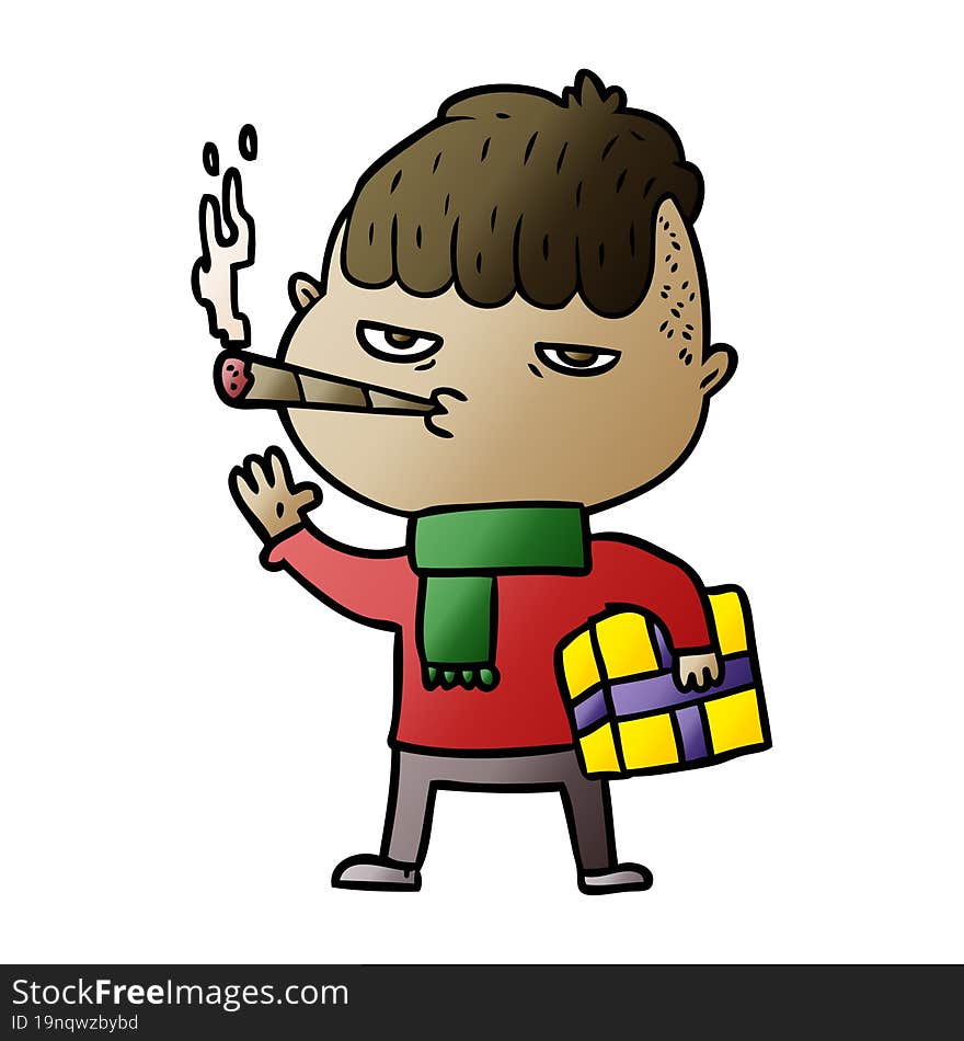 cartoon man smoking carrying christmas gift. cartoon man smoking carrying christmas gift