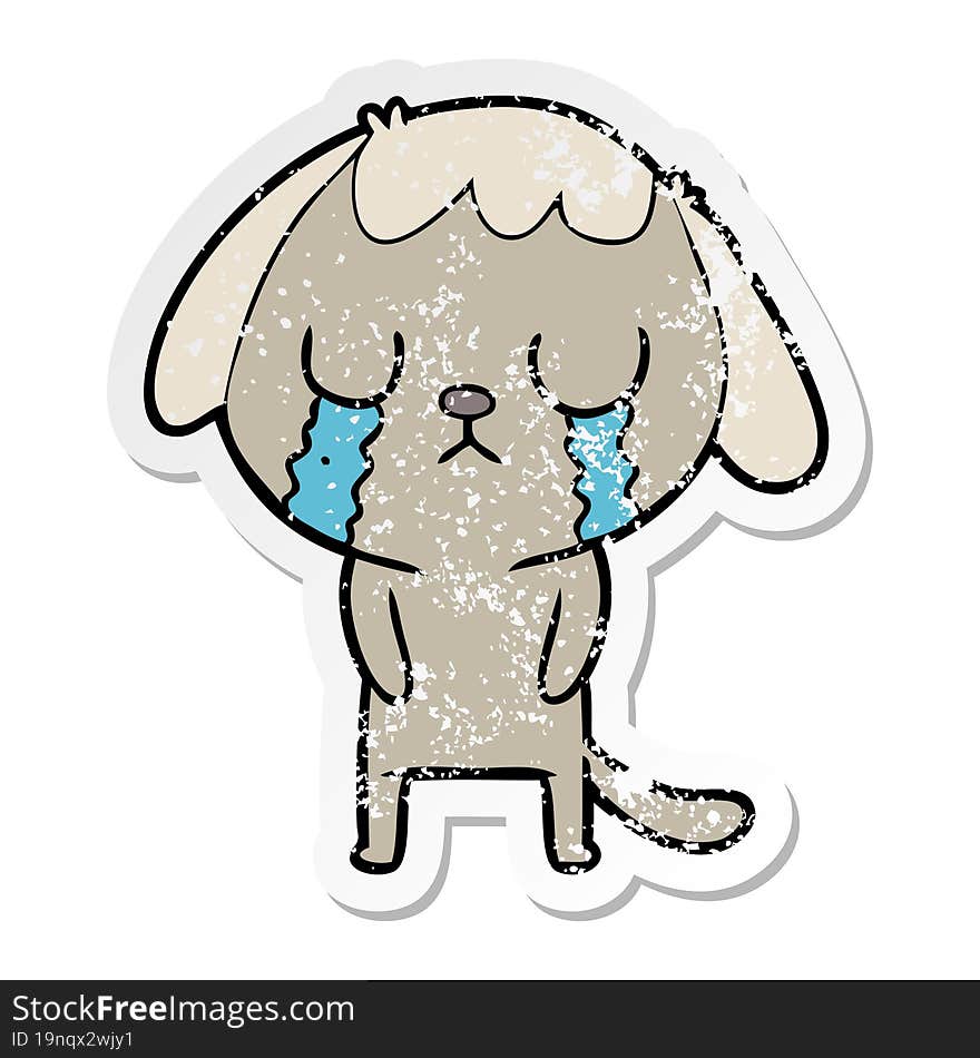 Distressed Sticker Of A Cute Cartoon Dog Crying