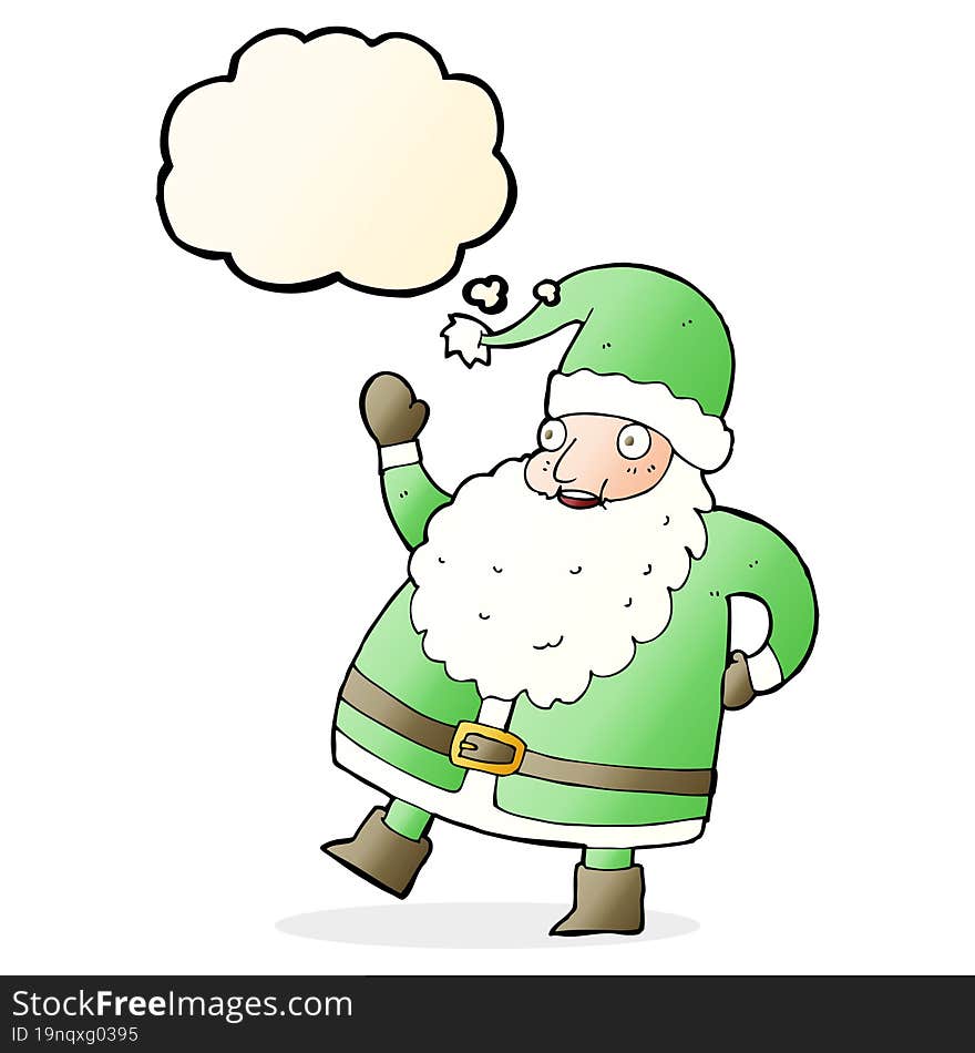 funny waving santa claus cartoon with thought bubble