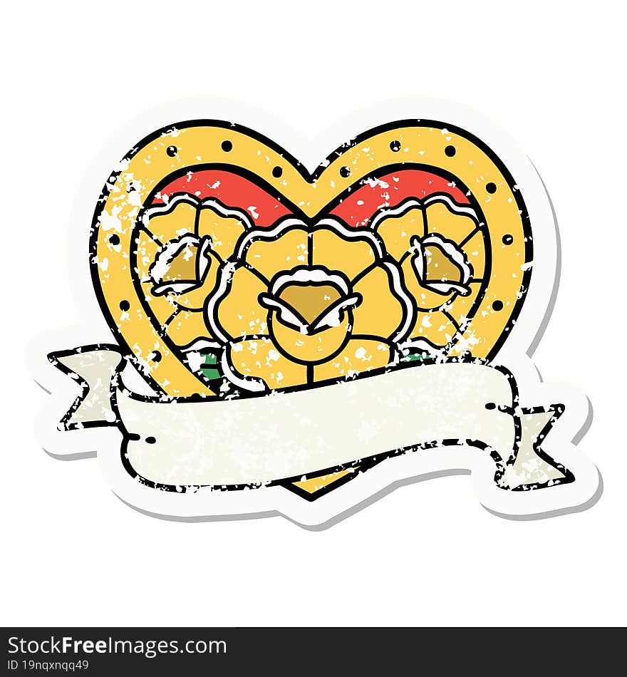 Traditional Distressed Sticker Tattoo Of A Heart And Banner With Flowers