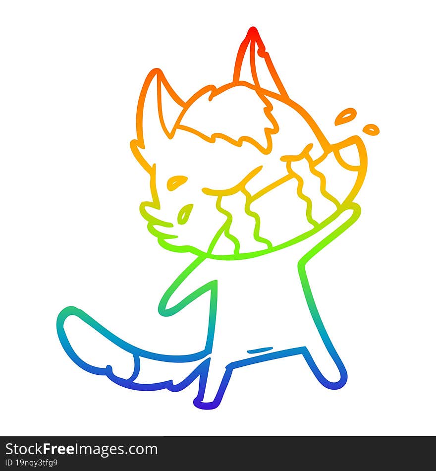 rainbow gradient line drawing of a cartoon crying wolf