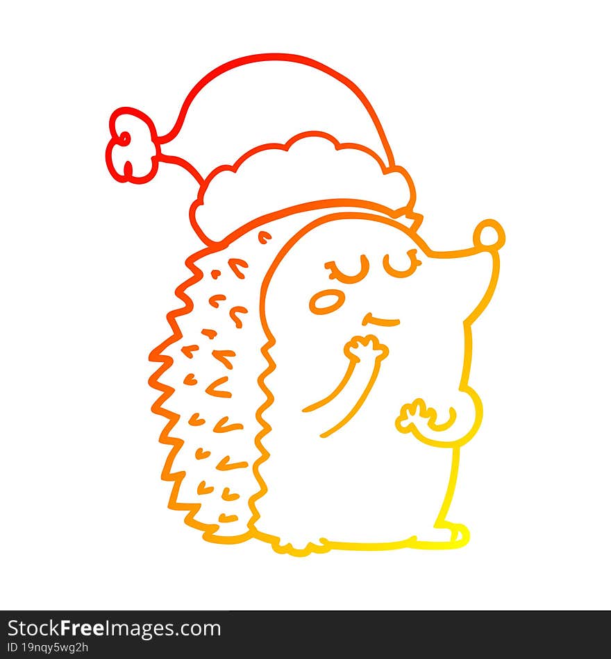 warm gradient line drawing cartoon hedgehog wearing christmas hat