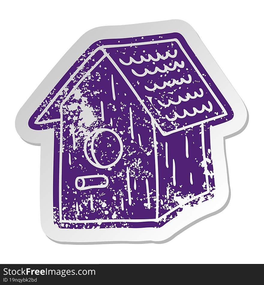 distressed old sticker of a wooden bird house