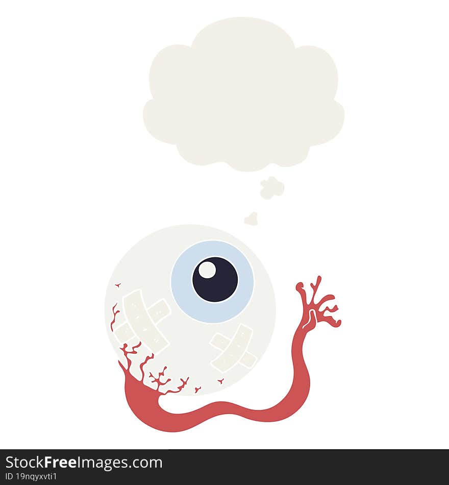 cartoon injured eyeball and thought bubble in retro style