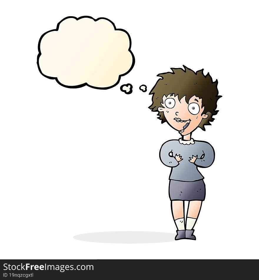 cartoon excited woman with thought bubble