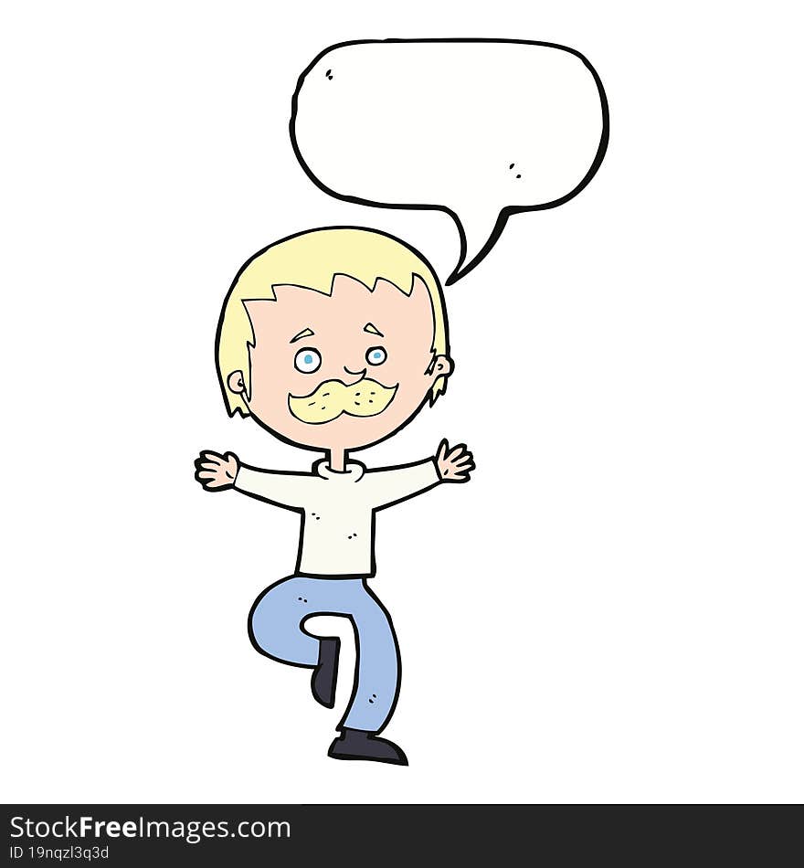 cartoon dancing man with mustache with speech bubble