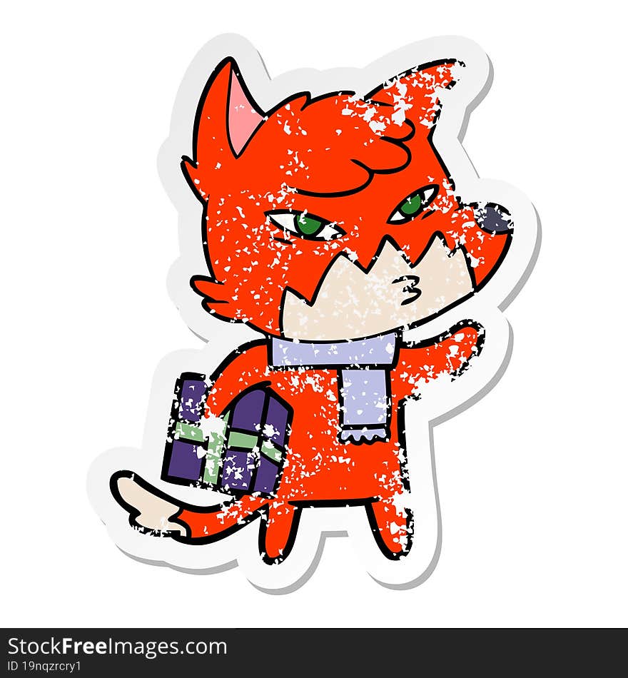 distressed sticker of a clever cartoon fox