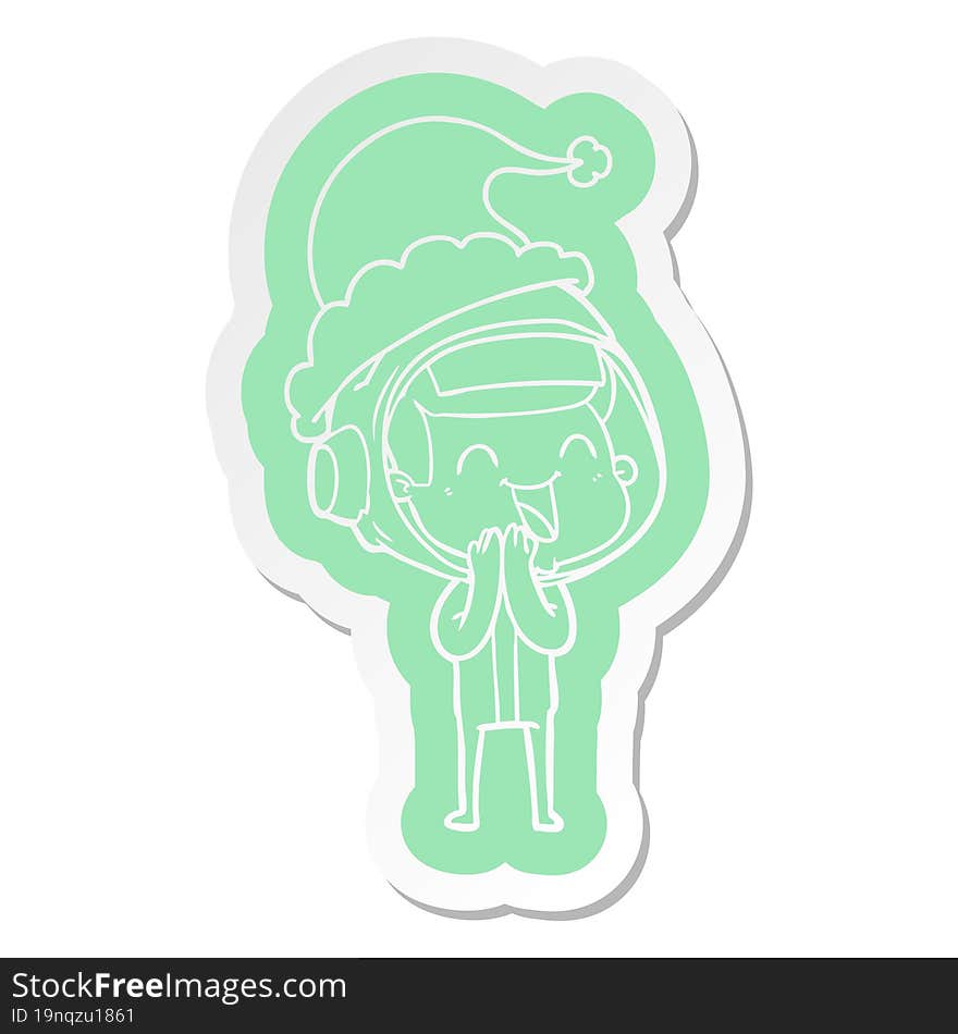 happy quirky cartoon  sticker of a astronaut wearing santa hat