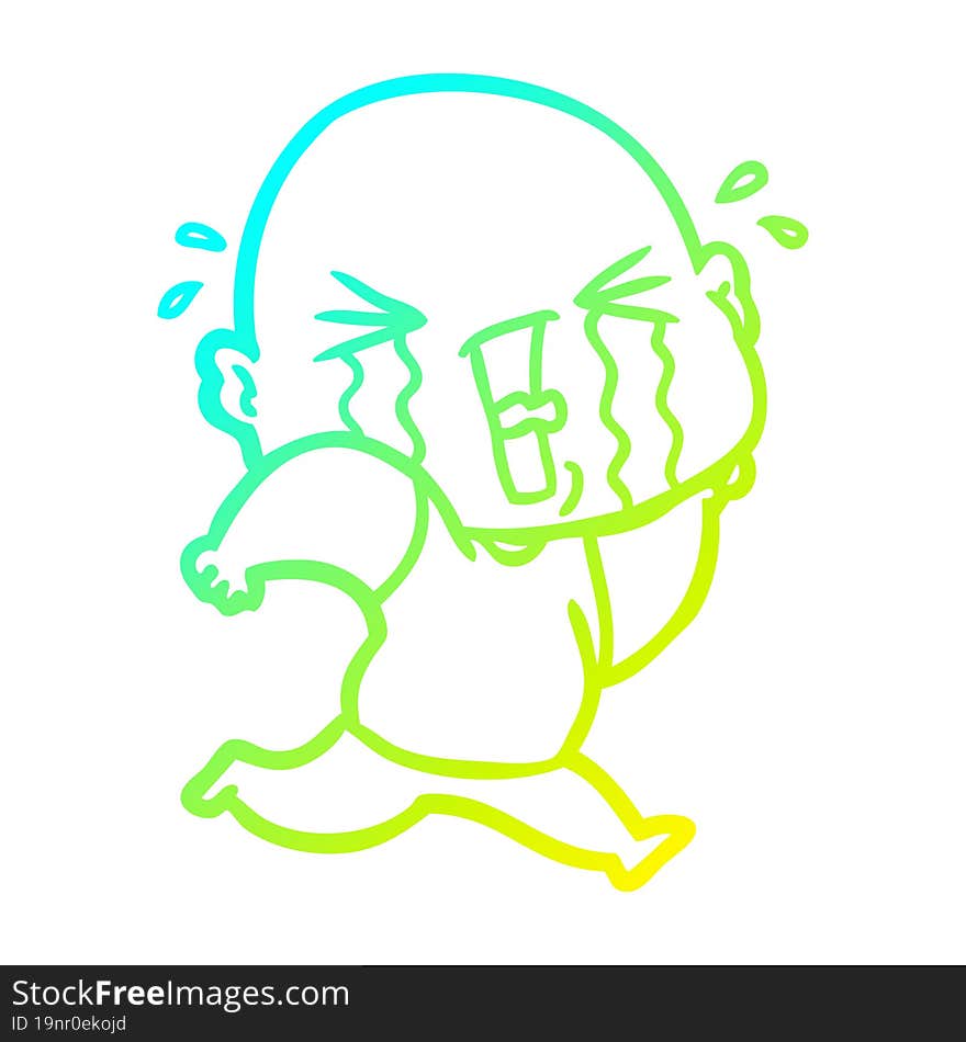 cold gradient line drawing cartoon crying bald man