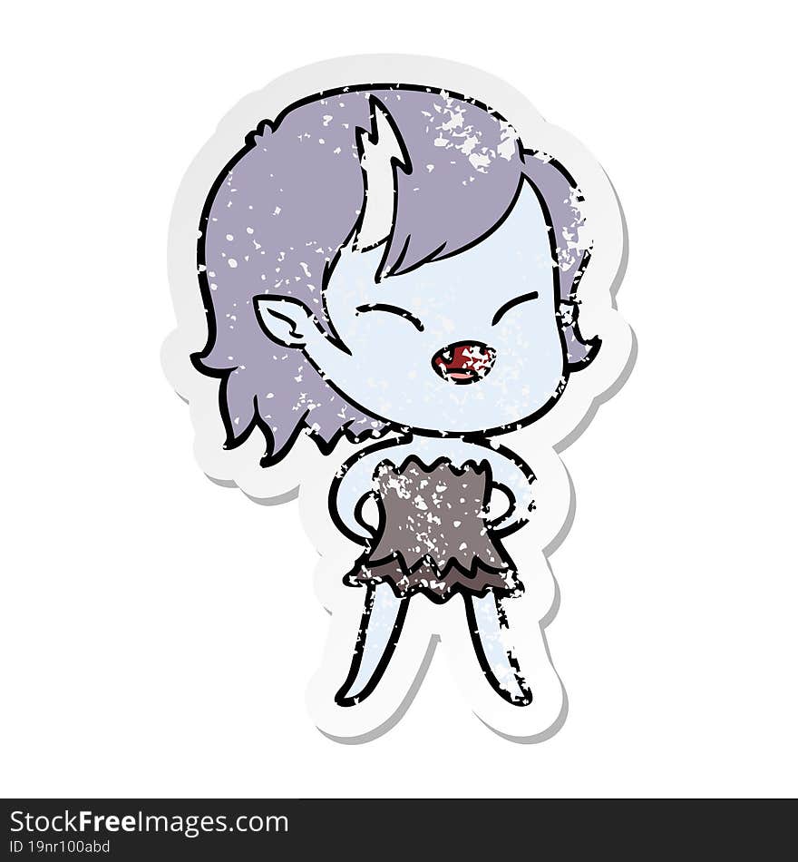 distressed sticker of a cartoon laughing vampire girl