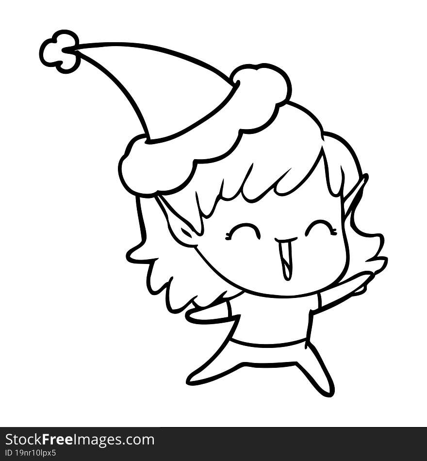 Line Drawing Of A Elf Girl Wearing Santa Hat