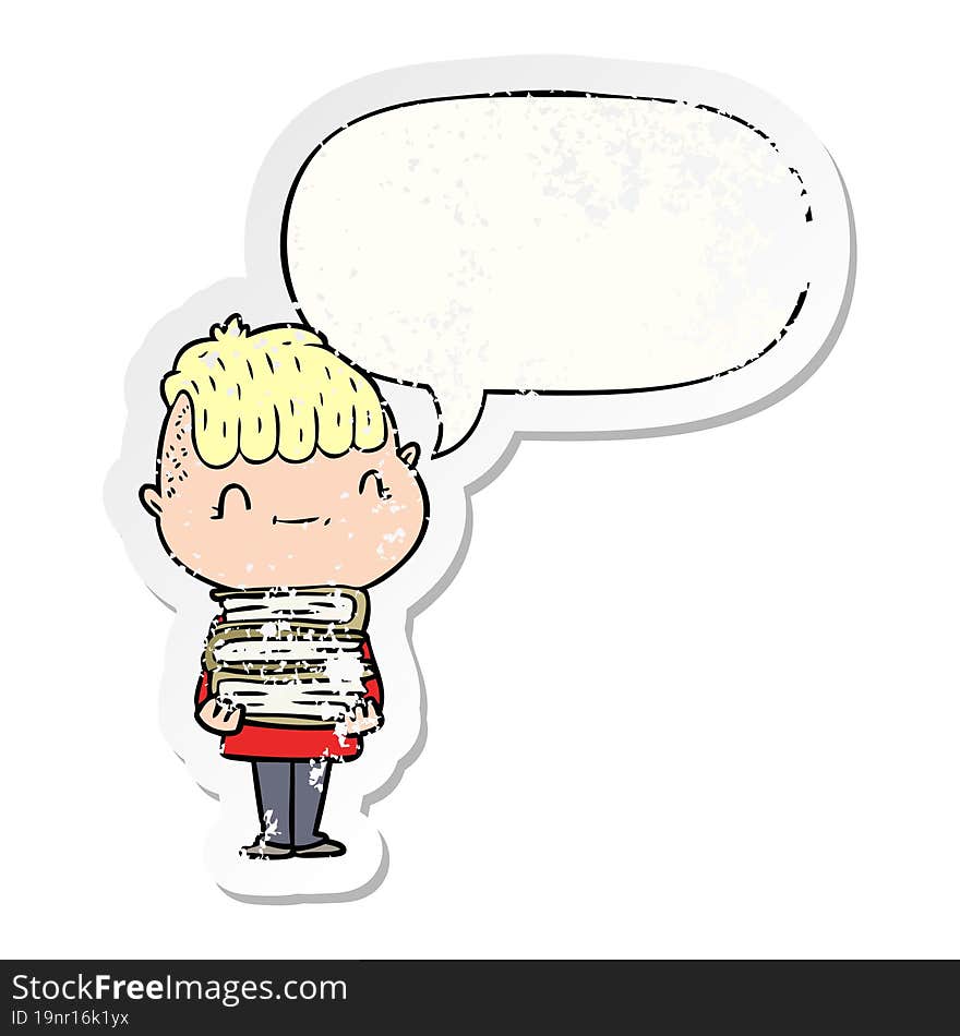 cartoon friendly boy and books and speech bubble distressed sticker