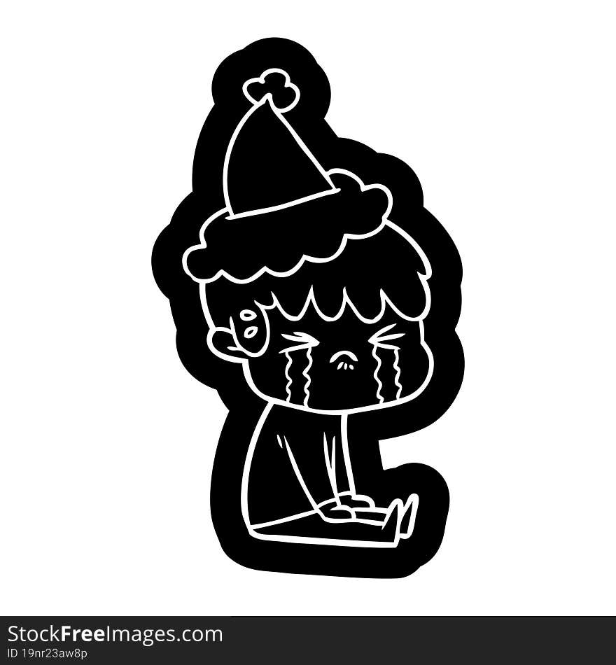 quirky cartoon icon of a boy crying wearing santa hat