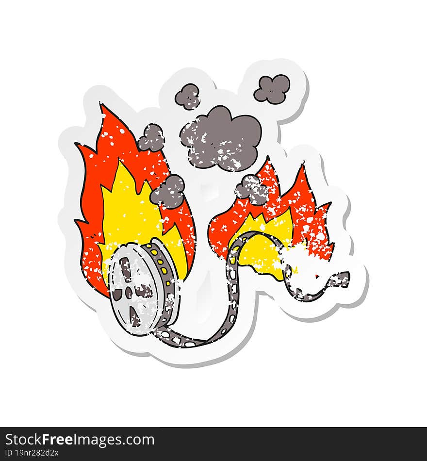 retro distressed sticker of a cartoon movie film burning