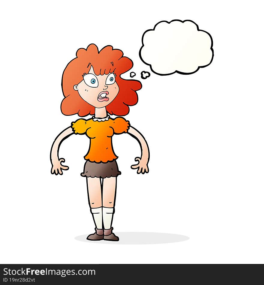 cartoon pretty girl with shocked expression with thought bubble