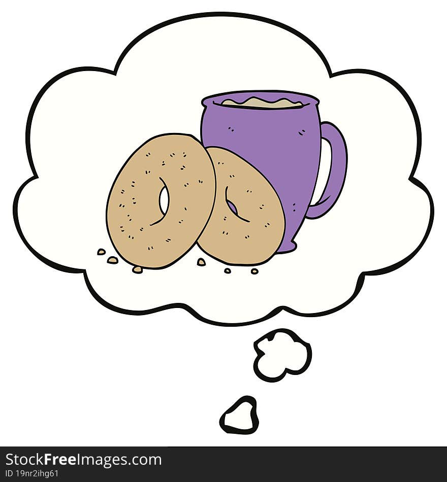 cartoon coffee and donuts with thought bubble