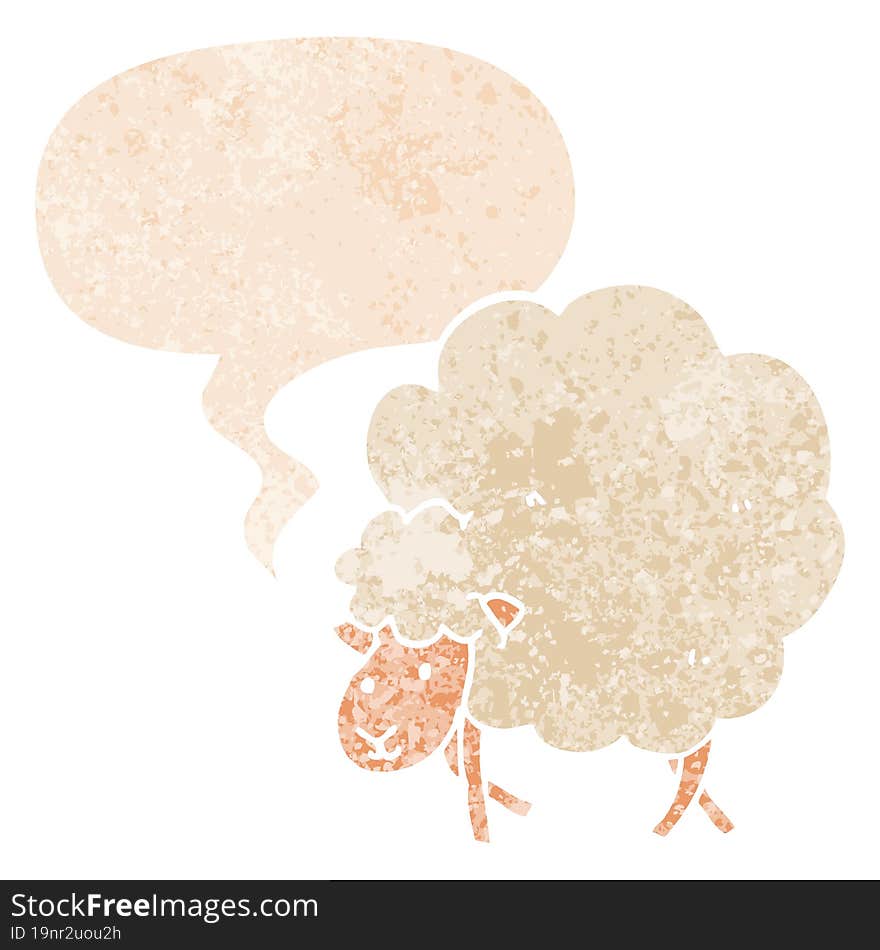 cartoon sheep and speech bubble in retro textured style