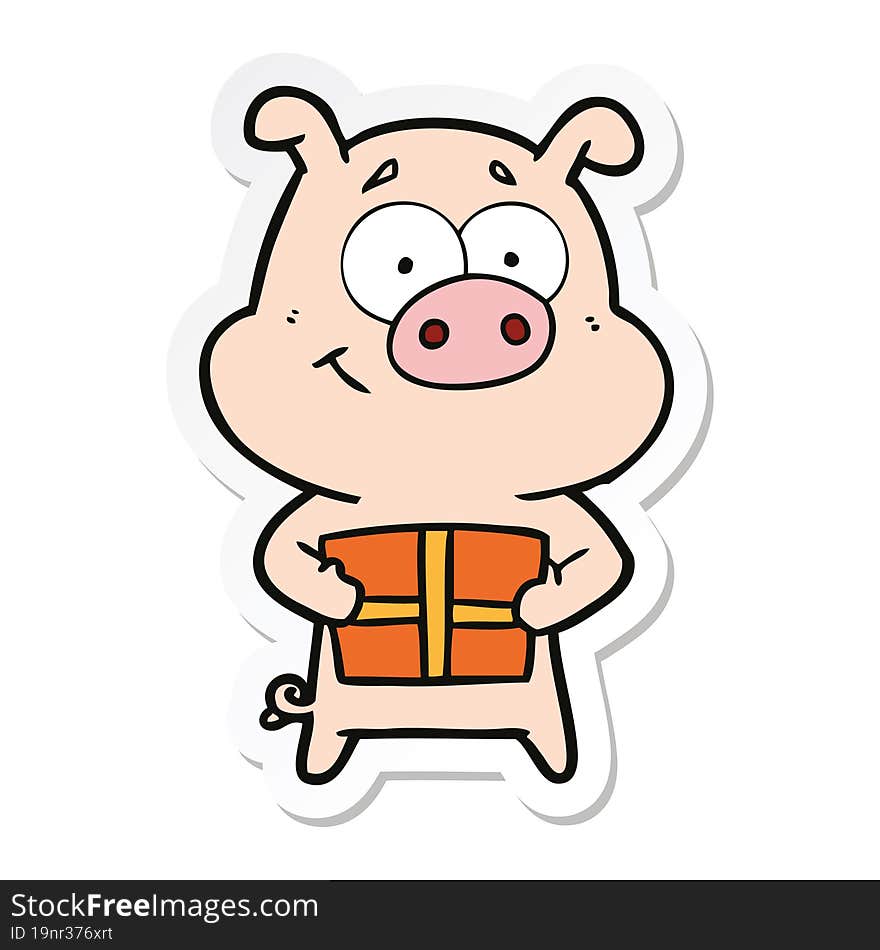 Sticker Of A Happy Cartoon Pig Holding Christmas Present