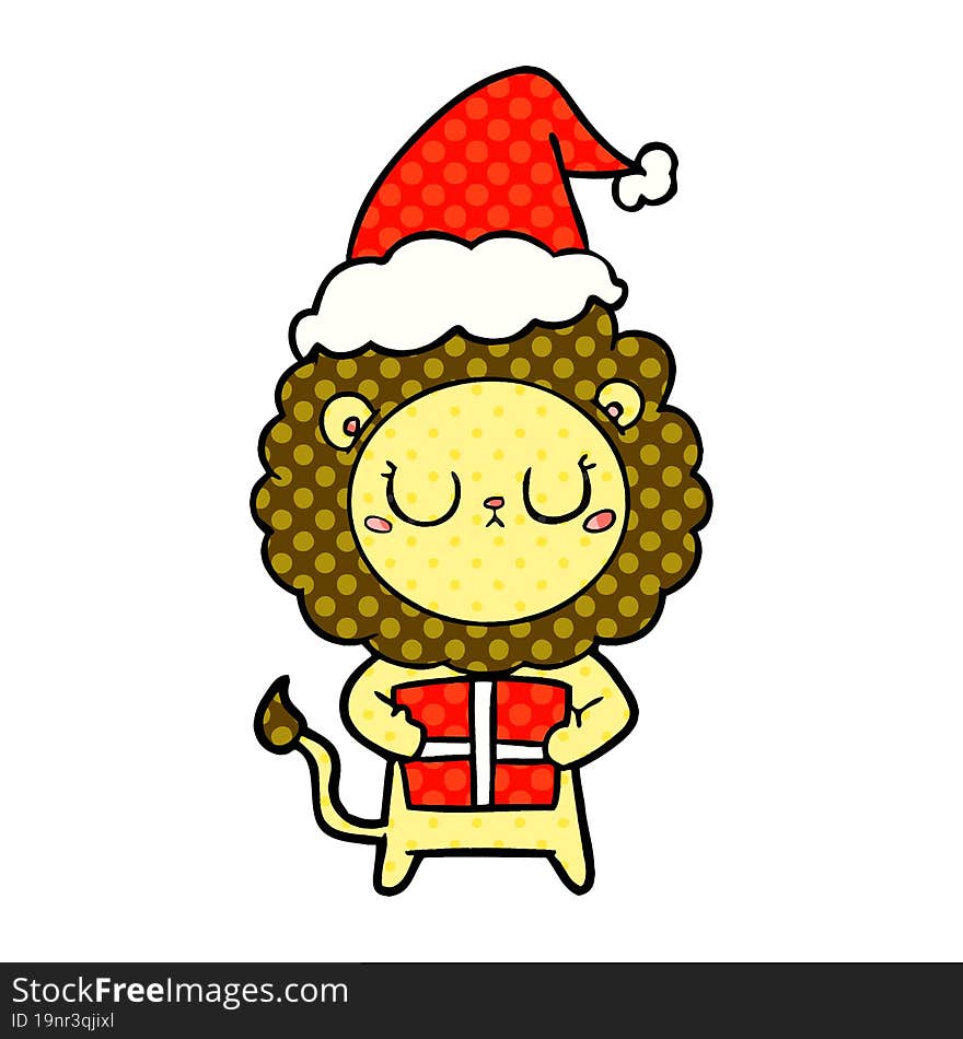 hand drawn comic book style illustration of a lion with christmas present wearing santa hat